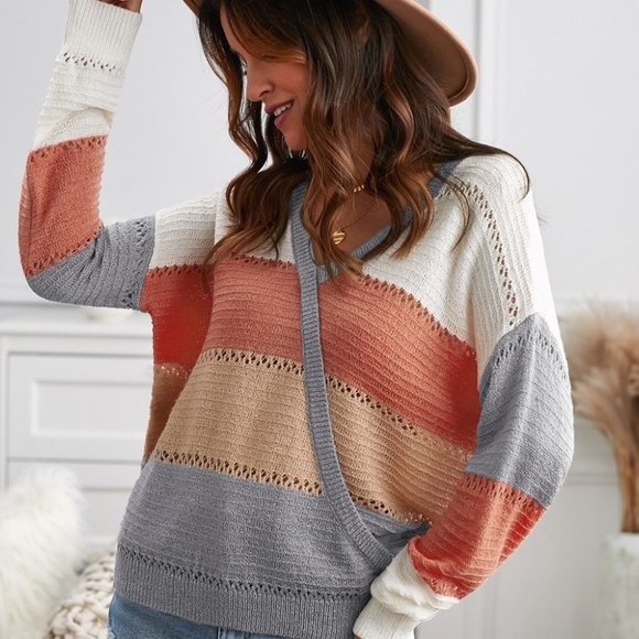 Gray Color Block Deep V Neck Wrap Sweater - Picture 5 of 7